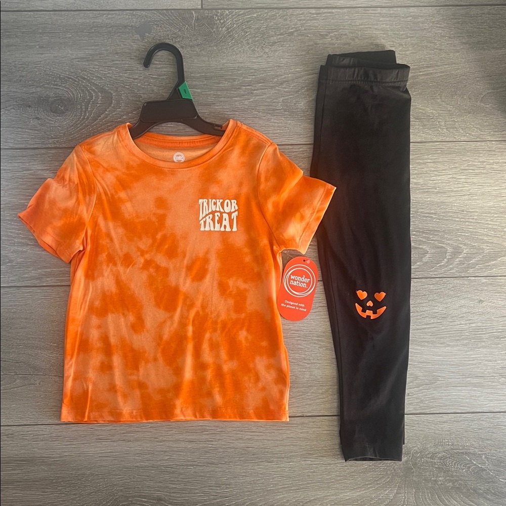 Halloween Orange Tie-Dye Trick or Treat Shirt and Black Leggings Set